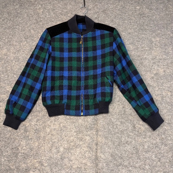 Vintage La Chic Jobis Plaid Bomber Jacket Blue Green Black Checkered Zip Up 36 - Picture 9 of 14